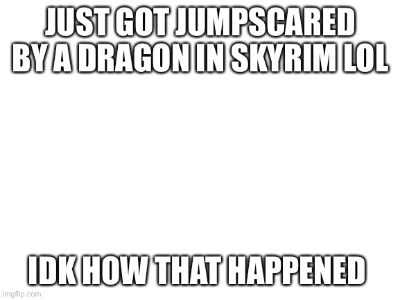 Lol | JUST GOT JUMPSCARED BY A DRAGON IN SKYRIM LOL; IDK HOW THAT HAPPENED | image tagged in blank white template | made w/ Imgflip meme maker