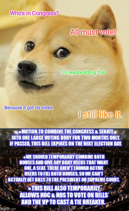 It's time to vote. | Who's in Congress? All must vote! I'm resubmitting this; Because it got no votes; I still like it. | image tagged in memes,doge,vote,waek doge says to | made w/ Imgflip meme maker