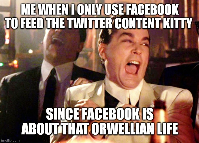 Good Fellas Hilarious | ME WHEN I ONLY USE FACEBOOK TO FEED THE TWITTER CONTENT KITTY; SINCE FACEBOOK IS ABOUT THAT ORWELLIAN LIFE | image tagged in memes,good fellas hilarious | made w/ Imgflip meme maker