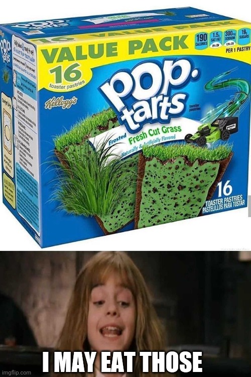 ONLY HERMIONE GRANGER WOULD LIKE THAT | I MAY EAT THOSE | image tagged in hermione,pop tarts,grass,fake | made w/ Imgflip meme maker
