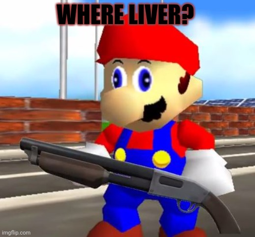 SMG4 Shotgun Mario | WHERE LIVER? | image tagged in smg4 shotgun mario | made w/ Imgflip meme maker