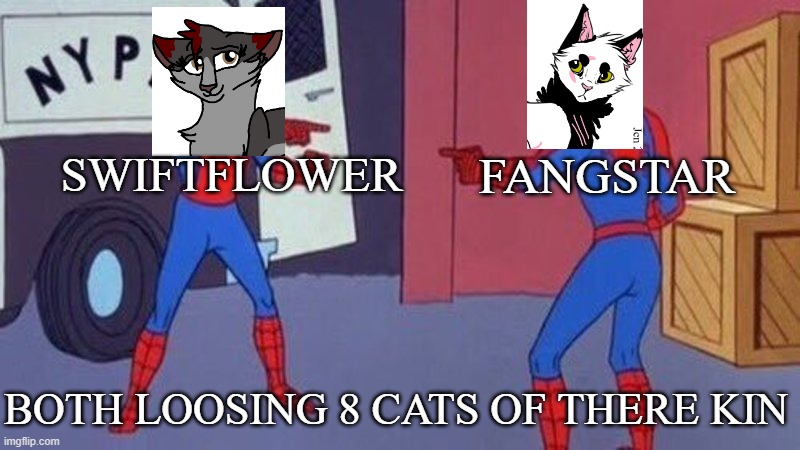 These Cats Are Me OC'S! | SWIFTFLOWER; FANGSTAR; BOTH LOOSING 8 CATS OF THERE KIN | image tagged in spiderman pointing at spiderman | made w/ Imgflip meme maker