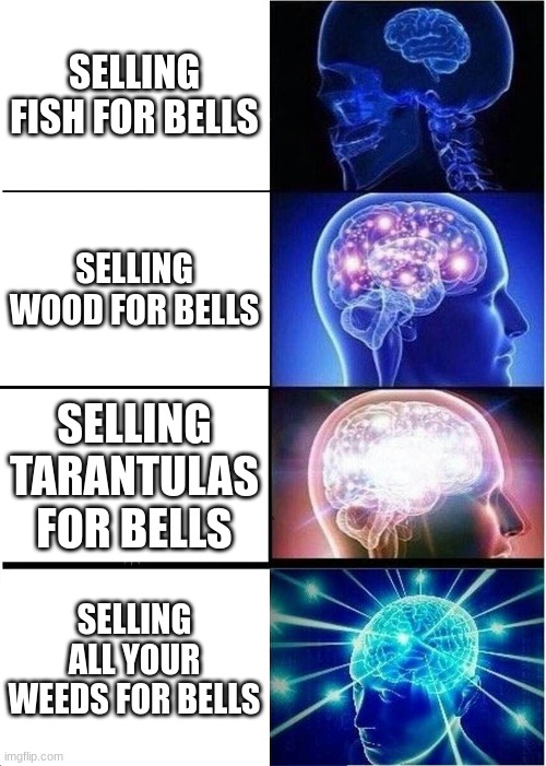 If You Time Travel 1 Month, Your Island Will Probably Have A Lot Of Weeds |  SELLING FISH FOR BELLS; SELLING WOOD FOR BELLS; SELLING TARANTULAS FOR BELLS; SELLING ALL YOUR WEEDS FOR BELLS | image tagged in memes,expanding brain | made w/ Imgflip meme maker