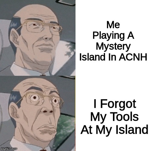 Happens Once (Or More) In A Lifetime | Me Playing A Mystery Island In ACNH; I Forgot My Tools At My Island | image tagged in surprised anime guy | made w/ Imgflip meme maker