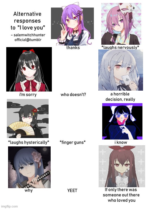My Oc's Alternative Responses To "I Love You" (UNFINISHED MEME) | image tagged in alternative responses to i love you | made w/ Imgflip meme maker