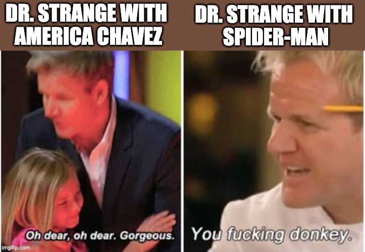 dr strange | DR. STRANGE WITH 
AMERICA CHAVEZ; DR. STRANGE WITH 
SPIDER-MAN | image tagged in gordon ramsay kids vs adults | made w/ Imgflip meme maker