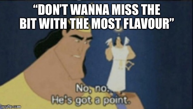 no no hes got a point | “DON’T WANNA MISS THE BIT WITH THE MOST FLAVOUR” | image tagged in no no hes got a point | made w/ Imgflip meme maker