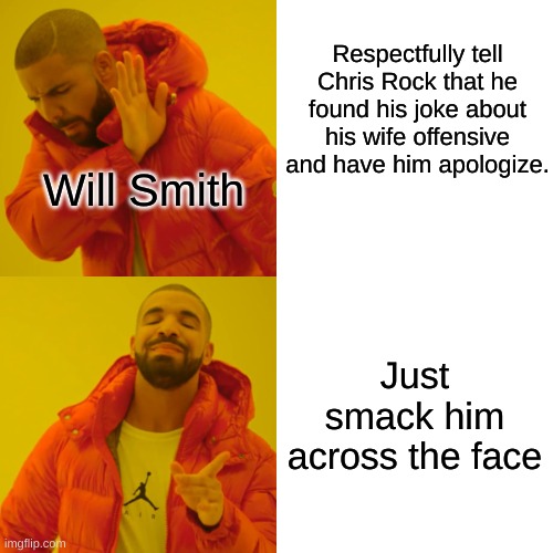 "Tupac would have shot him" -Agbaps voicing for Jada Smith, 2022 | Respectfully tell Chris Rock that he found his joke about his wife offensive and have him apologize. Will Smith; Just smack him across the face | image tagged in memes,drake hotline bling | made w/ Imgflip meme maker