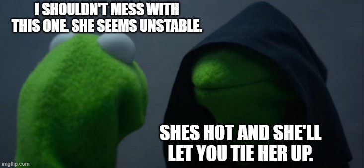 Crazy girls | I SHOULDN'T MESS WITH THIS ONE. SHE SEEMS UNSTABLE. SHES HOT AND SHE'LL LET YOU TIE HER UP. | image tagged in memes,evil kermit | made w/ Imgflip meme maker