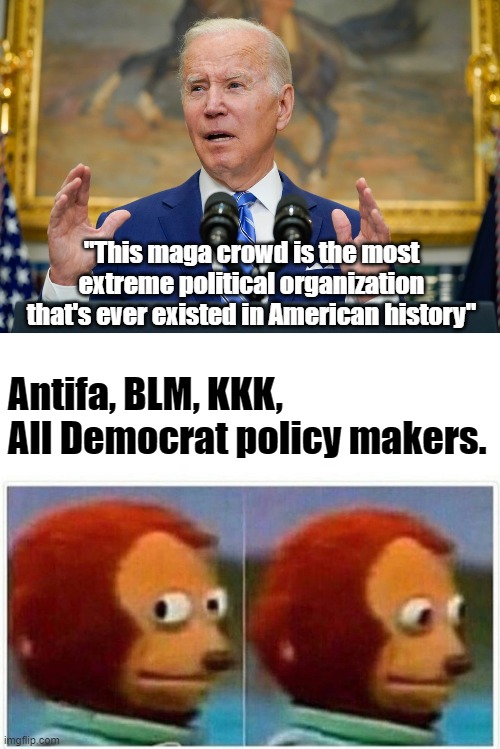 Whatever you say Brandon | "This maga crowd is the most extreme political organization that's ever existed in American history"; Antifa, BLM, KKK, All Democrat policy makers. | image tagged in memes,monkey puppet | made w/ Imgflip meme maker