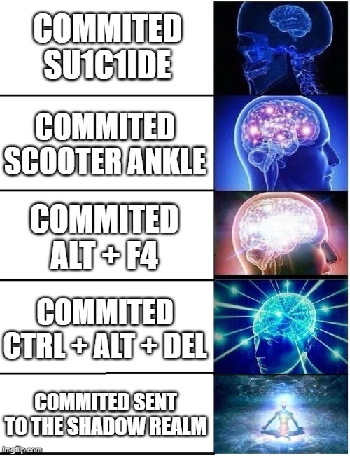 5 ways to die | COMMITED SU1C1IDE; COMMITED SCOOTER ANKLE; COMMITED ALT + F4; COMMITED CTRL + ALT + DEL; COMMITED SENT TO THE SHADOW REALM | image tagged in expanding brain 5 panel | made w/ Imgflip meme maker