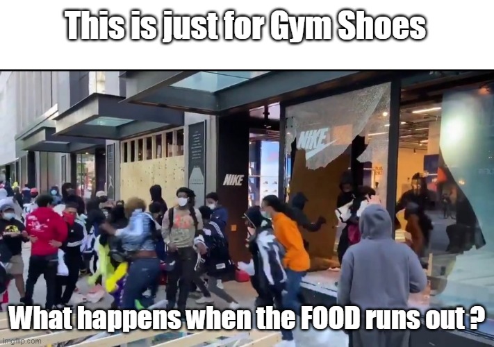 Yeah, can't see any need for Gun ownership anymore | This is just for Gym Shoes; What happens when the FOOD runs out ? | image tagged in memes,guns,food,looting,chicago,liberal logic | made w/ Imgflip meme maker