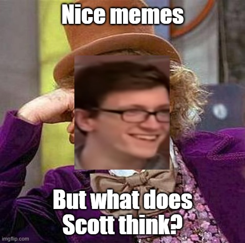 Seriously though person below? | Nice memes; But what does Scott think? | image tagged in memes,creepy condescending wonka | made w/ Imgflip meme maker