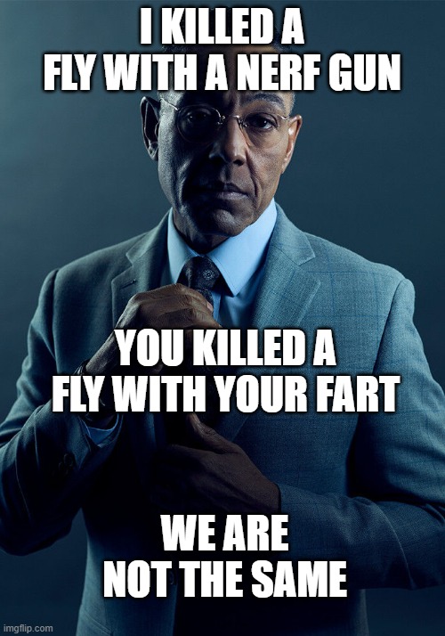 fly killa | I KILLED A FLY WITH A NERF GUN; YOU KILLED A FLY WITH YOUR FART; WE ARE NOT THE SAME | image tagged in gus fring we are not the same | made w/ Imgflip meme maker