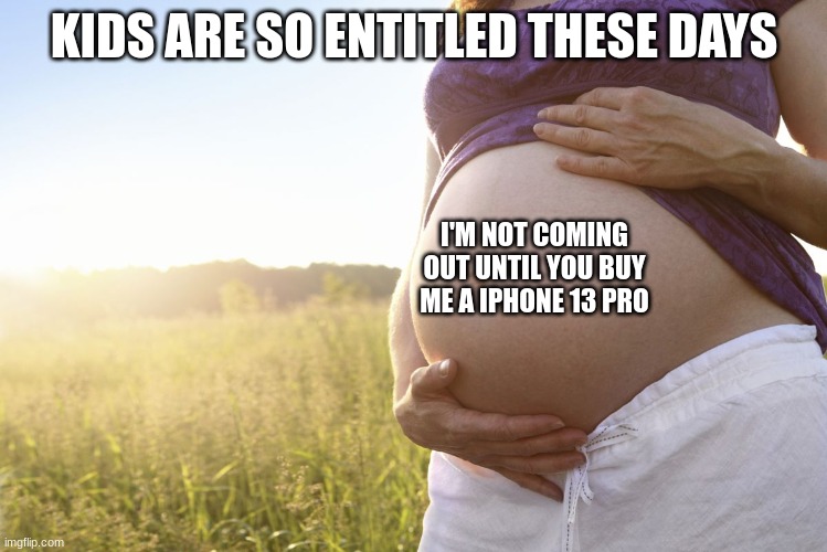 Kids are so entitled these days! | KIDS ARE SO ENTITLED THESE DAYS; I'M NOT COMING OUT UNTIL YOU BUY ME A IPHONE 13 PRO | image tagged in pregnant woman,apple,kids,pregnant | made w/ Imgflip meme maker