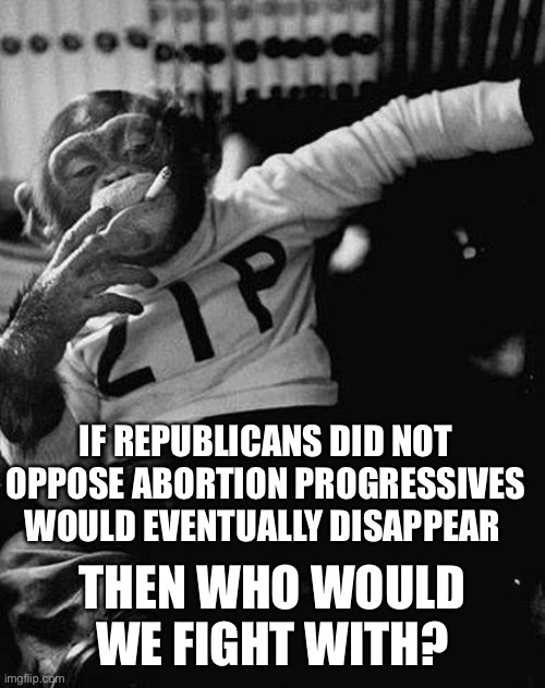 Yep | IF REPUBLICANS DID NOT OPPOSE ABORTION PROGRESSIVES WOULD EVENTUALLY DISAPPEAR; THEN WHO WOULD WE FIGHT WITH? | image tagged in zip the smoking chimp | made w/ Imgflip meme maker