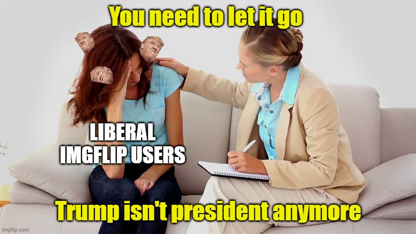 Therapist | You need to let it go; LIBERAL IMGFLIP USERS; Trump isn't president anymore | image tagged in therapist | made w/ Imgflip meme maker