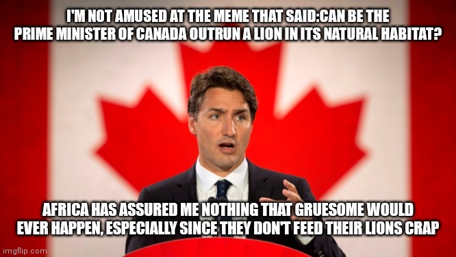 Justin Trudeau | I'M NOT AMUSED AT THE MEME THAT SAID:CAN BE THE PRIME MINISTER OF CANADA OUTRUN A LION IN ITS NATURAL HABITAT? AFRICA HAS ASSURED ME NOTHING THAT GRUESOME WOULD EVER HAPPEN, ESPECIALLY SINCE THEY DON'T FEED THEIR LIONS CRAP | image tagged in justin trudeau | made w/ Imgflip meme maker