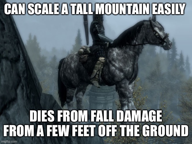 Skyrim memessss | CAN SCALE A TALL MOUNTAIN EASILY; DIES FROM FALL DAMAGE FROM A FEW FEET OFF THE GROUND | image tagged in skyrim horse | made w/ Imgflip meme maker