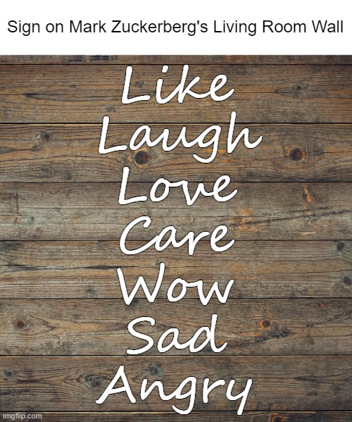 Wooden Boards | Sign on Mark Zuckerberg's Living Room Wall; Like
Laugh
Love
Care
Wow
Sad
Angry | image tagged in wooden boards,facebook,live laugh love | made w/ Imgflip meme maker