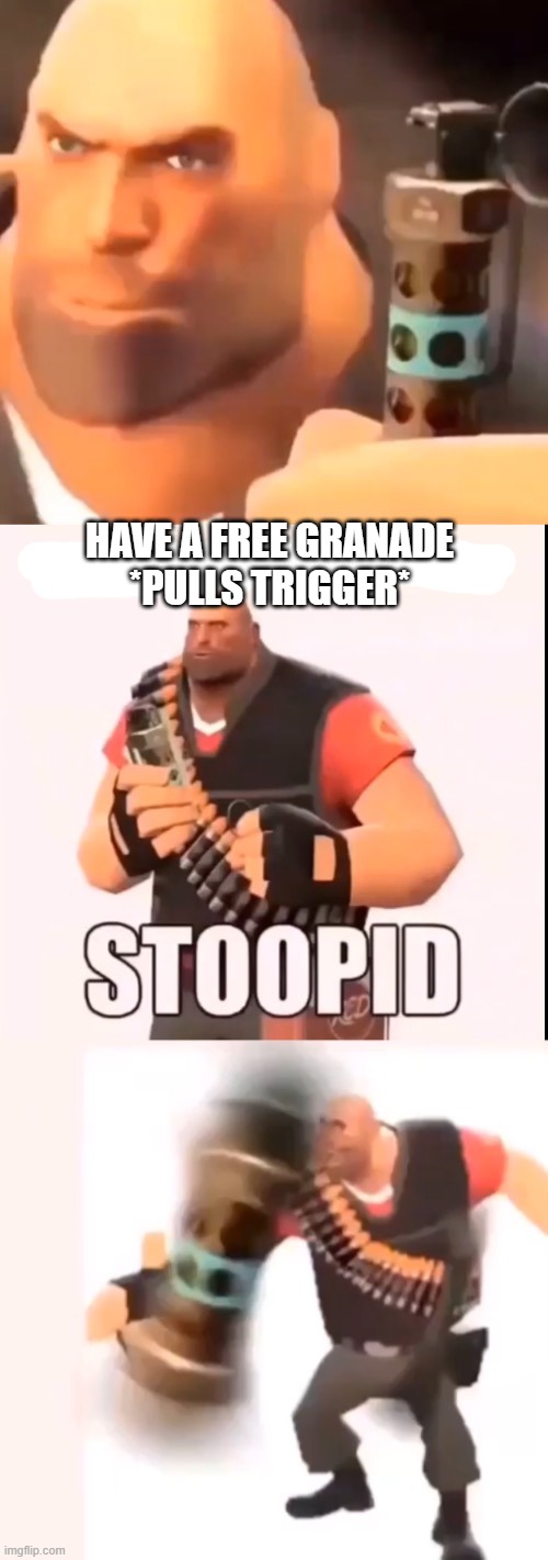 You gotta pull the pin first, stoopid | HAVE A FREE GRANADE
*PULLS TRIGGER* | image tagged in you gotta pull the pin first stoopid | made w/ Imgflip meme maker