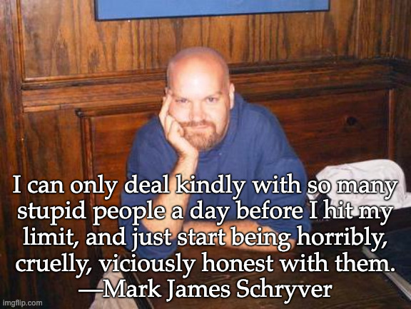 Honesty |  I can only deal kindly with so many

stupid people a day before I hit my

limit, and just start being horribly,

cruelly, viciously honest with them.
—Mark James Schryver | image tagged in seriously | made w/ Imgflip meme maker