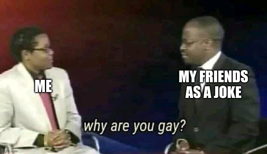 Why are you gay? | MY FRIENDS AS A JOKE; ME | image tagged in why are you gay | made w/ Imgflip meme maker