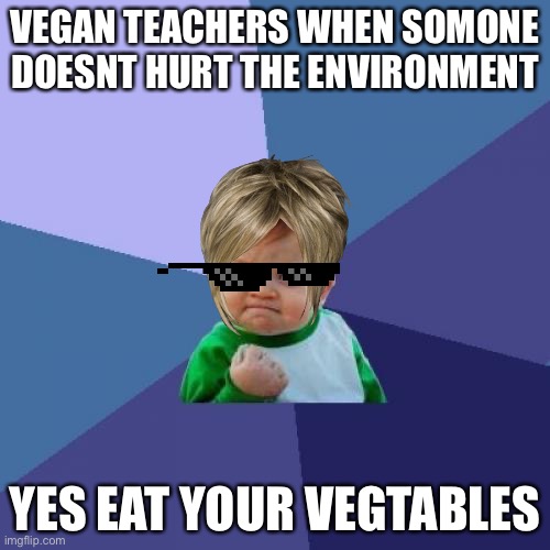 Success Kid Meme | VEGAN TEACHERS WHEN SOMONE DOESNT HURT THE ENVIRONMENT; YES EAT YOUR VEGTABLES | image tagged in memes,success kid | made w/ Imgflip meme maker