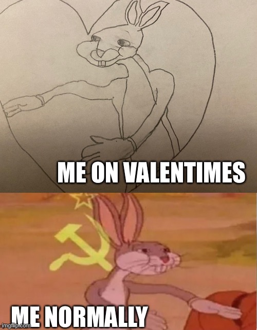 Valentines | ME ON VALENTIMES; ME NORMALLY | image tagged in me on valentimes,communist bugs bunny | made w/ Imgflip meme maker