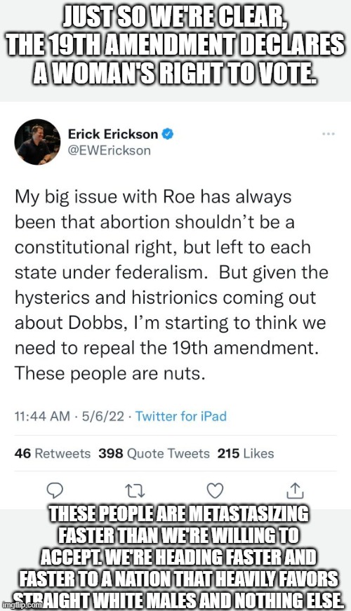 If anyone in politics stream supports this line of reasoning, they are evil. Period. | JUST SO WE'RE CLEAR, THE 19TH AMENDMENT DECLARES A WOMAN'S RIGHT TO VOTE. THESE PEOPLE ARE METASTASIZING FASTER THAN WE'RE WILLING TO ACCEPT. WE'RE HEADING FASTER AND FASTER TO A NATION THAT HEAVILY FAVORS STRAIGHT WHITE MALES AND NOTHING ELSE. | image tagged in evil,right wing,nineteenth amendment,vote,maga,republican | made w/ Imgflip meme maker
