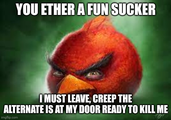 Idea by @.-Morshu-. | YOU ETHER A FUN SUCKER; I MUST LEAVE, CREEP THE ALTERNATE IS AT MY DOOR READY TO KILL ME | image tagged in realistic red angry birds | made w/ Imgflip meme maker