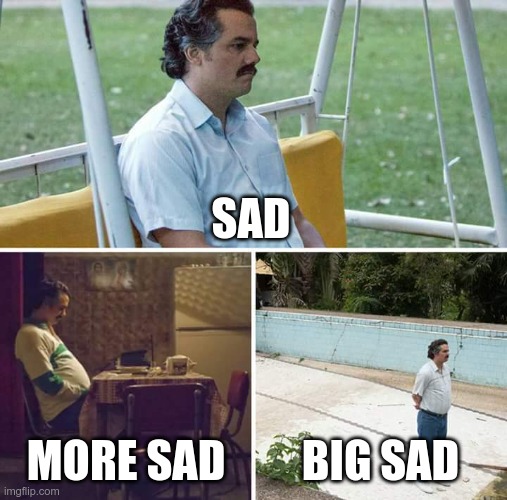 idk | SAD; MORE SAD; BIG SAD | image tagged in memes,sad pablo escobar | made w/ Imgflip meme maker