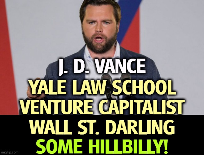 Hillbilly Hypocrite | J. D. VANCE; YALE LAW SCHOOL
VENTURE CAPITALIST
WALL ST. DARLING; SOME HILLBILLY! | image tagged in j d vance sweating wall st puppet,rich,wall street,not,hillbilly | made w/ Imgflip meme maker