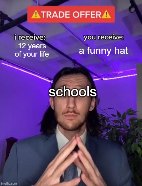 Funny hat | 12 years of your life; a funny hat; schools | image tagged in trade offer,school,memes,funny | made w/ Imgflip meme maker