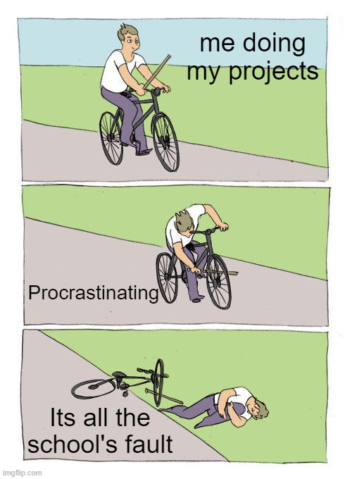 Bike Fall | me doing my projects; Procrastinating; Its all the school's fault | image tagged in memes,bike fall | made w/ Imgflip meme maker