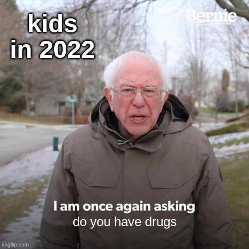 ha |  kids in 2022; do you have drugs | image tagged in memes,bernie i am once again asking for your support | made w/ Imgflip meme maker