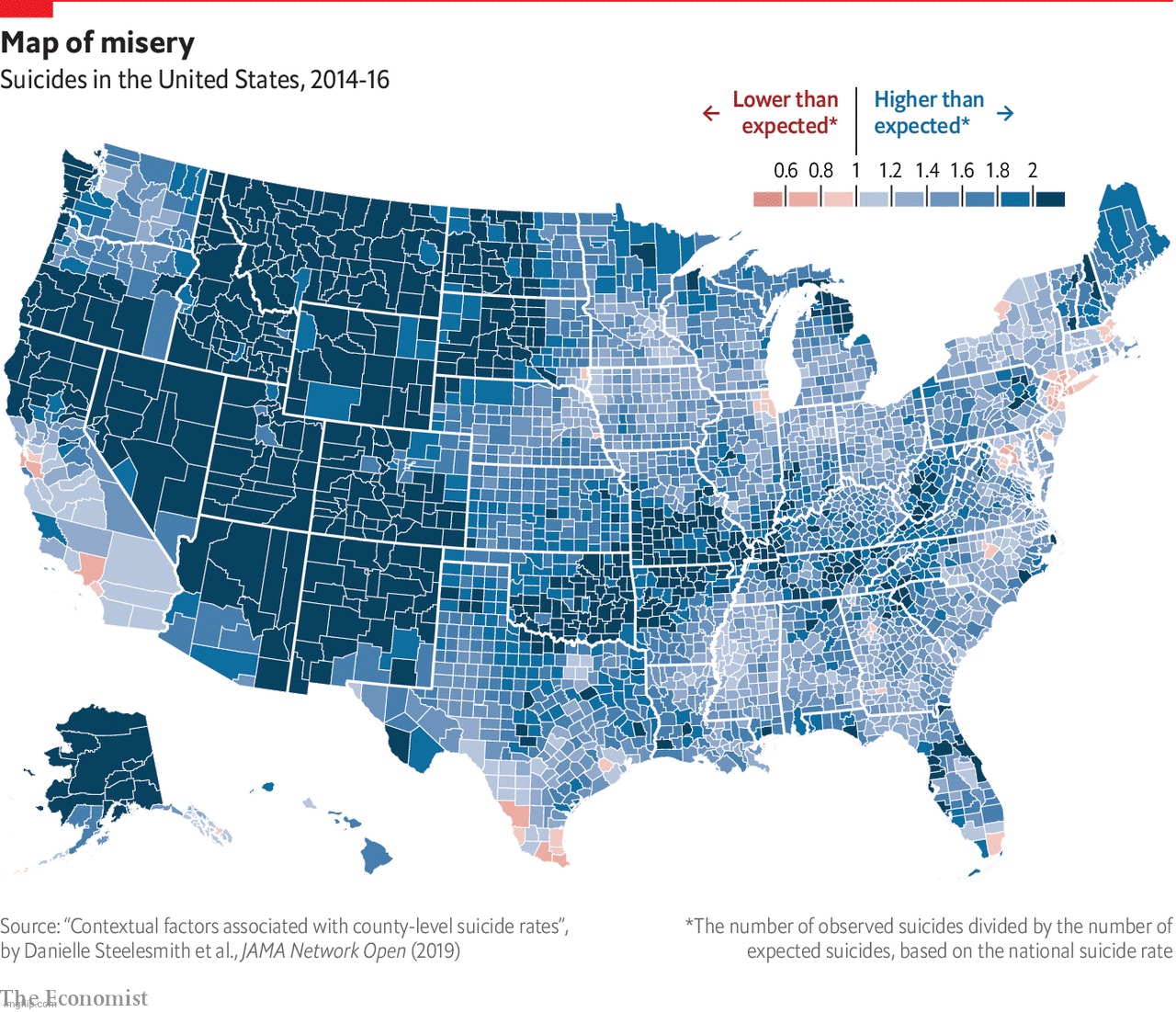 Map of misery, suicides in US | image tagged in map,maps,map of misery,suicide,suicide rates,red states | made w/ Imgflip meme maker