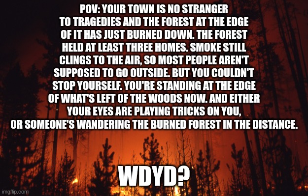 no joke, insanely op, romance. pretty much everything else is allowed | POV: YOUR TOWN IS NO STRANGER TO TRAGEDIES AND THE FOREST AT THE EDGE OF IT HAS JUST BURNED DOWN. THE FOREST HELD AT LEAST THREE HOMES. SMOKE STILL CLINGS TO THE AIR, SO MOST PEOPLE AREN'T SUPPOSED TO GO OUTSIDE. BUT YOU COULDN'T STOP YOURSELF. YOU'RE STANDING AT THE EDGE OF WHAT'S LEFT OF THE WOODS NOW. AND EITHER YOUR EYES ARE PLAYING TRICKS ON YOU, OR SOMEONE'S WANDERING THE BURNED FOREST IN THE DISTANCE. WDYD? | image tagged in forest fire | made w/ Imgflip meme maker