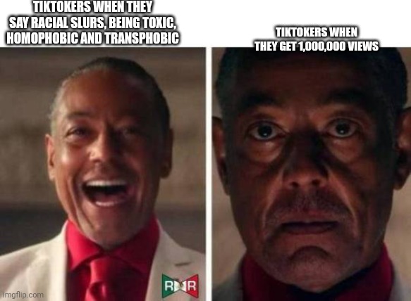 gus fring | TIKTOKERS WHEN THEY SAY RACIAL SLURS, BEING TOXIC, HOMOPHOBIC AND TRANSPHOBIC TIKTOKERS WHEN THEY GET 1,000,000 VIEWS | image tagged in gus fring | made w/ Imgflip meme maker