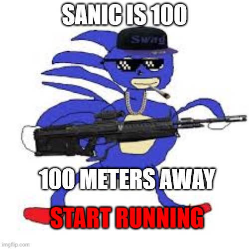 HE IS | SANIC IS 100; 100 METERS AWAY; START RUNNING | image tagged in sanic da hedgeherge | made w/ Imgflip meme maker