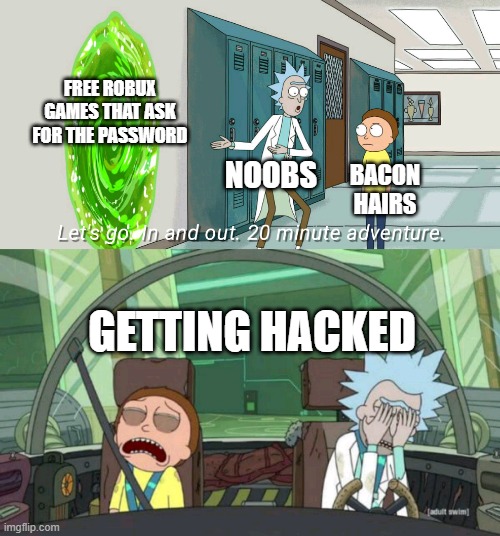 ka | FREE ROBUX GAMES THAT ASK FOR THE PASSWORD; NOOBS; BACON HAIRS; GETTING HACKED | image tagged in 20 minute adventure rick morty,roblox,hacked,scammed | made w/ Imgflip meme maker