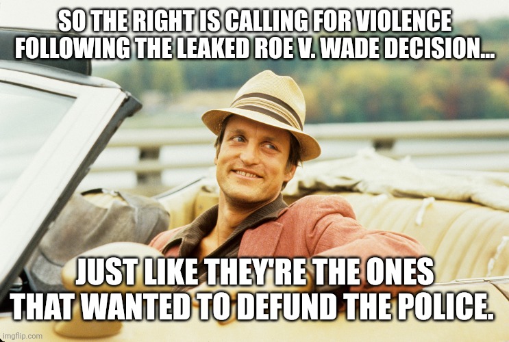 The left is seriously pushing this narrative. | SO THE RIGHT IS CALLING FOR VIOLENCE FOLLOWING THE LEAKED ROE V. WADE DECISION... JUST LIKE THEY'RE THE ONES THAT WANTED TO DEFUND THE POLICE. | image tagged in memes | made w/ Imgflip meme maker