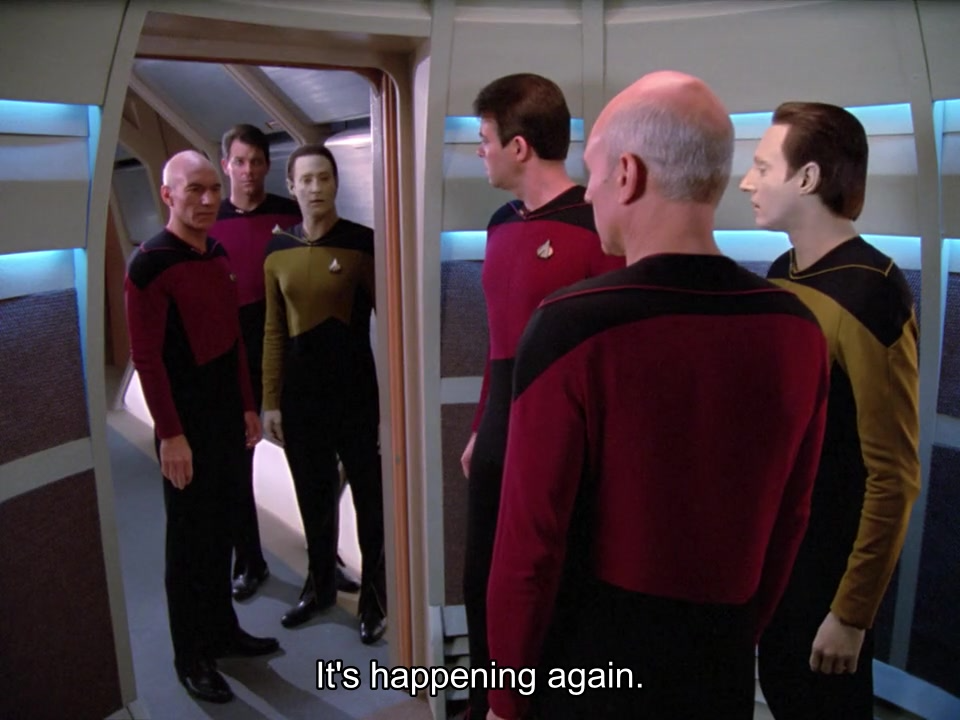 High Quality Picard, Riker and Data Meet Themselves. Blank Meme Template