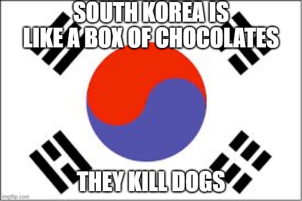 Yum | SOUTH KOREA IS LIKE A BOX OF CHOCOLATES; THEY KILL DOGS | image tagged in south korean flag | made w/ Imgflip meme maker