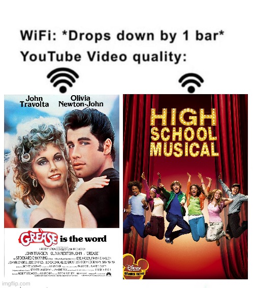 Grease>High School Musical | image tagged in wifi drops by 1 bar,grease,high school musical | made w/ Imgflip meme maker