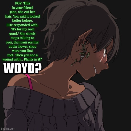 I brought Jane back after a while, rules in tags. | POV: This is your friend Jane, she cut her hair. You said it looked better before. SHe responded with, "It's for my own good." She slowly stops talking to you, then you see her at the flower shop were you first met. Then you see a wound with... Plants in it? WDYD? | image tagged in erp in memechat,romance is allowed,no joke,no killing her | made w/ Imgflip meme maker