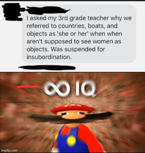 Negative iq because of the teacher | image tagged in infinity iq mario,memes,funny,smart | made w/ Imgflip meme maker
