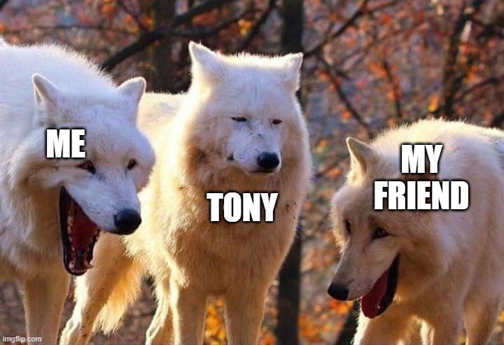 Laughing wolf | ME TONY MY FRIEND | image tagged in laughing wolf | made w/ Imgflip meme maker