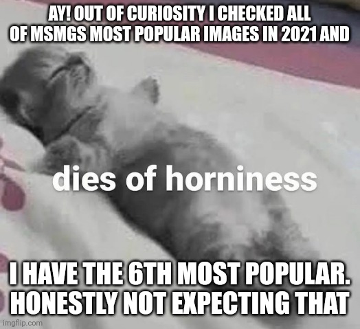 not bragging- just staying my findings. | AY! OUT OF CURIOSITY I CHECKED ALL OF MSMGS MOST POPULAR IMAGES IN 2021 AND; I HAVE THE 6TH MOST POPULAR.
HONESTLY NOT EXPECTING THAT | image tagged in dies of horniness | made w/ Imgflip meme maker