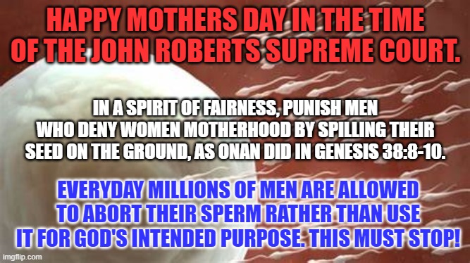 God created Man's Seed for a purpose, not to stain his sheets or be discarded in tissue. | HAPPY MOTHERS DAY IN THE TIME OF THE JOHN ROBERTS SUPREME COURT. IN A SPIRIT OF FAIRNESS, PUNISH MEN WHO DENY WOMEN MOTHERHOOD BY SPILLING THEIR SEED ON THE GROUND, AS ONAN DID IN GENESIS 38:8-10. EVERYDAY MILLIONS OF MEN ARE ALLOWED TO ABORT THEIR SPERM RATHER THAN USE IT FOR GOD'S INTENDED PURPOSE. THIS MUST STOP! | image tagged in politics | made w/ Imgflip meme maker